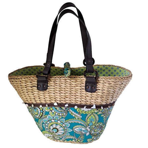VERA BRADLEY Peacock Straw Tote Beach Pool Turquoise Green Seashells 2 Handles - Picture 1 of 15